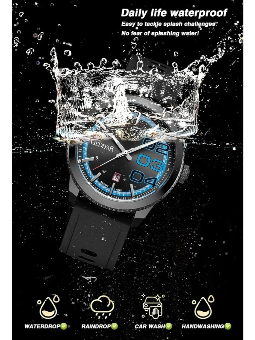 Men's Black And Blue Analog Quartz Silicone Band Waterproof Luminous Wrist Watch